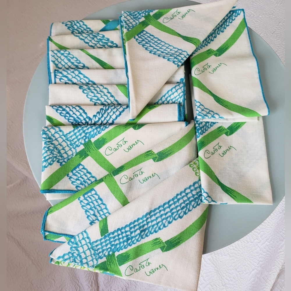 Carleton Varney Designer Vintage Napkins "Set Of 12" White Turquoise Green Sq… - Picture 3 of 16